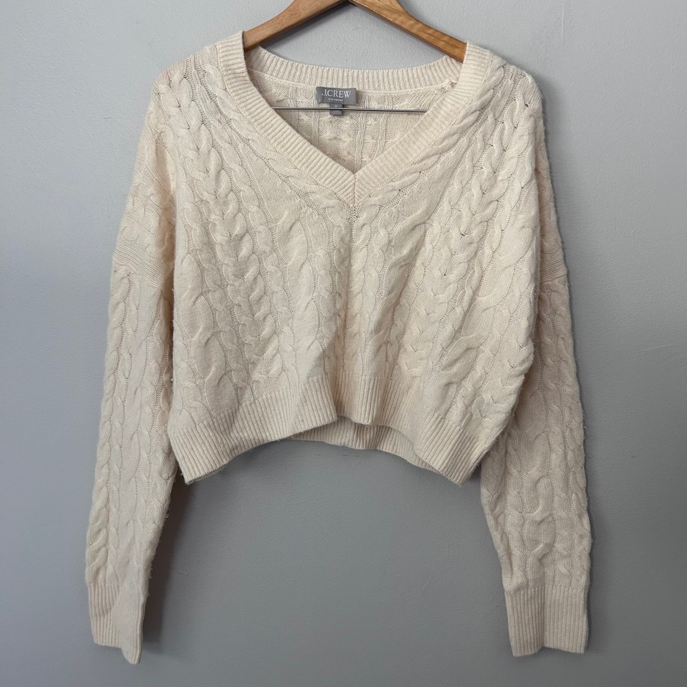 J.Crew Sweater Womens Medium Ivory 100% Cashmere Cable Knit V Neck Cropped